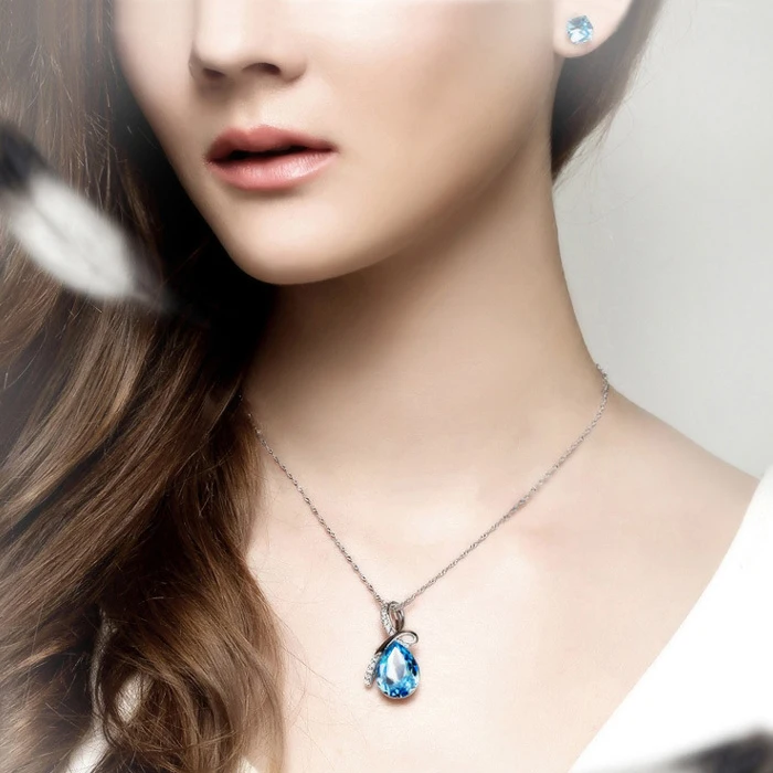 

Classical Angel Tears Silver Pendant For Women Necklace Water Drop Shape Inlay Blue CZ Zircon Crystal Charm Jewelry