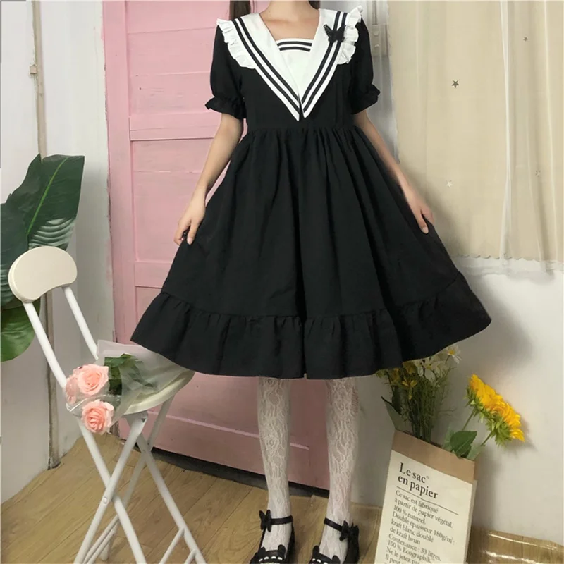 

Japanese Sweet Pleated Fairy Black Mori Girly Women Dress 2020 Summer Sailor Collar Ruffles Robe Party Dresses Female Vestido