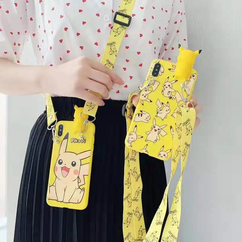 For iPhone 11 pro max 3D Cute Pikachus phone case for X XS Max XR 6 7 8plus cartoon Soft back cover + Strap |