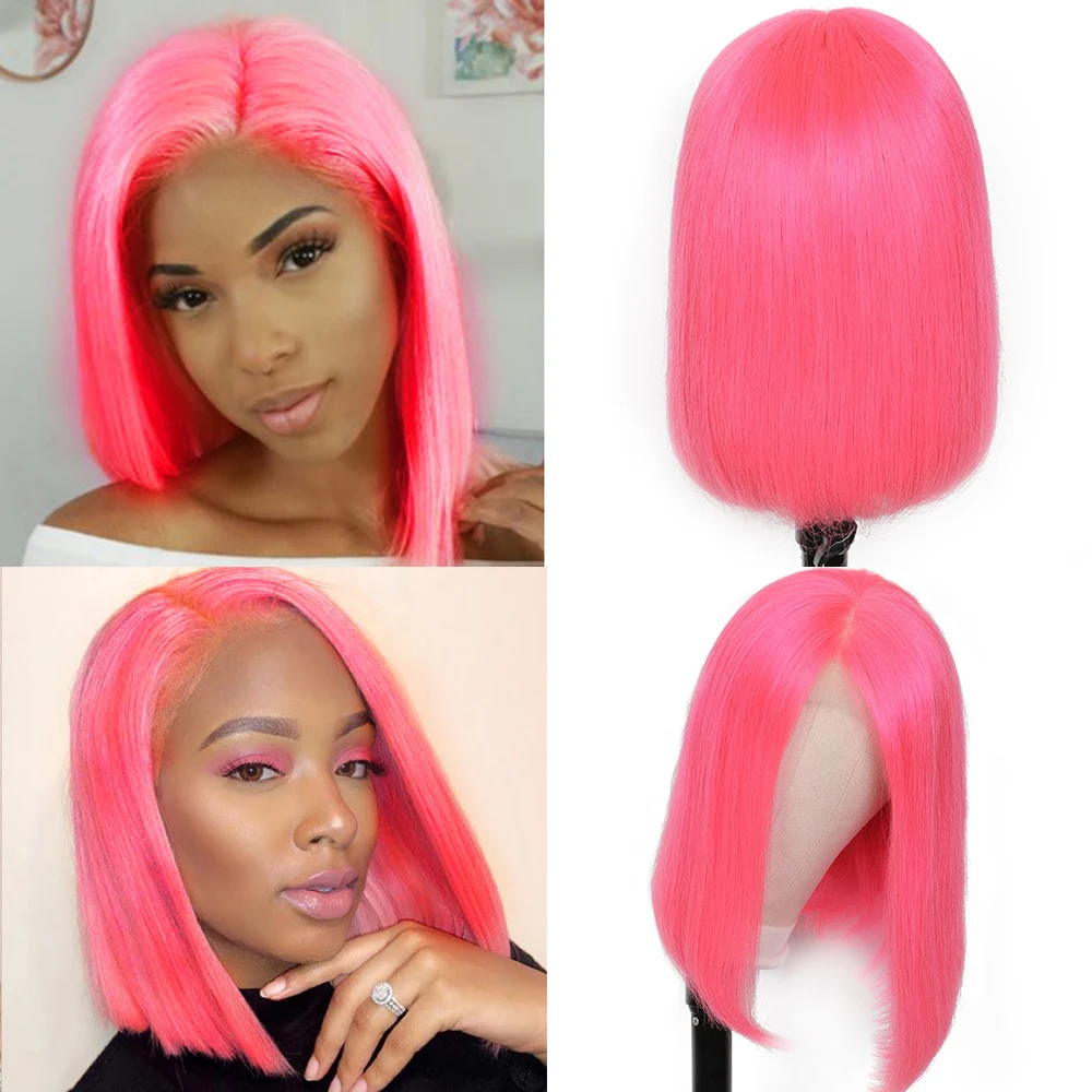 Straight Bob Lace Front Wig with Bangs Brazilian 13×4 Glueless Lace Front Human Hair Wig Julia Green Pink Yellow Short Bob Wigs