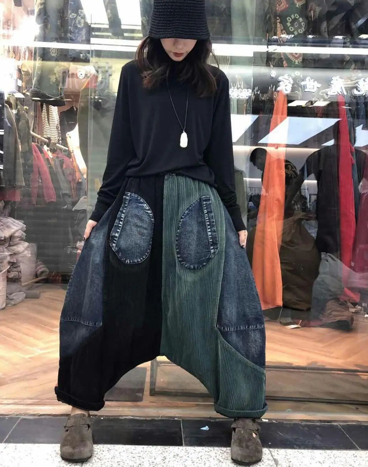 Add cotton Джинсы с большим шаговым швом; флисовые ковбойские брюки с широкими штанинами в стиле пэчворк; шаровары в стиле хип-хоп; теплые бархатные джинсовые шаровары для бега - Цвет: Add cotton
