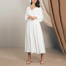 

Bridal Dress With Sleeves V Neck Elegant A Line Jersey Mid Calf Wedding Gowns Simple Plus Size White Vestido De Novia