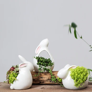 

1PCS Cartoon Rabbit Succulent Plants Pots Decorative Desktop Flower White Ceramic Flower Pot Bonsai Garden Home Office Decor
