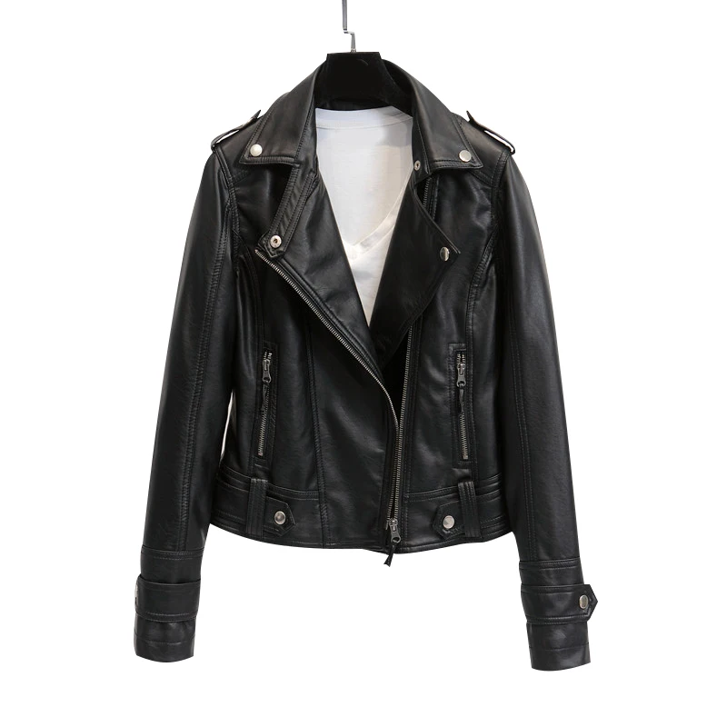 

Women's Polyurethane Leather jacket Street Motorcycle Zipper solid Slim Fit Short Coat Coat tops