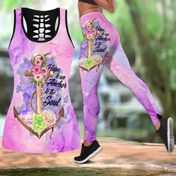 Women Print Sportwear 2 Piece Yoga Gym Set 3D Digital Hollow Out Workout Clothes Sleeveless Tank Top Sport Pants Lounge Wear