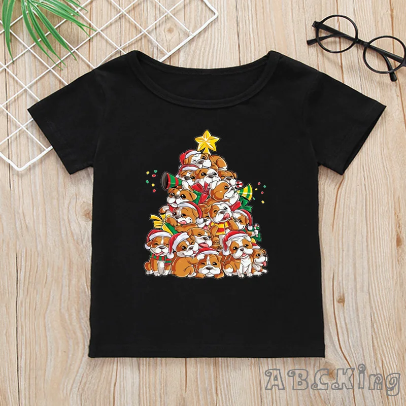 Детская футболка с принтом «Веселая Рождественская елка, собака» Забавные топы с Мопсом/бульдогом для мальчиков и девочек, детская черная футболка HKP5335 - Цвет: Modal Black C