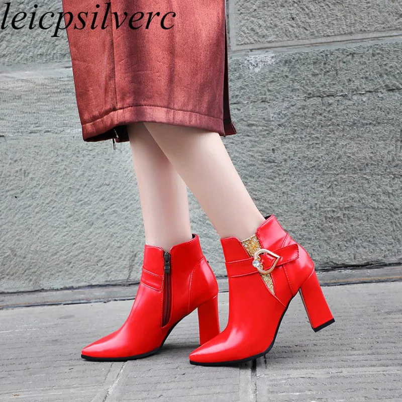 

Women Boots Autumn Winter High Heel Zip Pointed Toe Ankle Simple and Versatile Mixed-colors Booties 2019 New Sexy Fashion White
