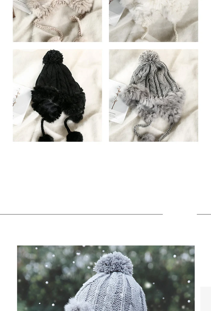 Женские зимние милые наушники Skullies Beanies, новинка, натуральный мохер, кроличий мех, трикотажные шапки для девочек Lei Feng, шапка