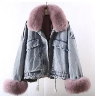 A dark pink ZiZhen куртка стиль летучая мышь джинсовая натуральная подкладка из кроличьего меха Рекс Лисий меховой воротник зимняя женская короткая Шуба на молнии 191011-1 - Цвет: A dark pink