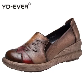 

Handmade Autumn Ethnic Comfortable Women Wedges Genuine Leather Women's Shoes Round Toe Platform High Heels