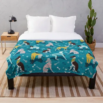 

Greyhounds dogwalk turquoise background Throw Blanket Soft Sherpa Blanket Bed Sheet Single Knee Blanket Office Nap Blanket