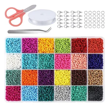 

24 Color 2mm Glass Bead Beaded Material DIY Bracelet Necklace Scissors Lobster Clasp Split Ring Tweezers Crystal Wire