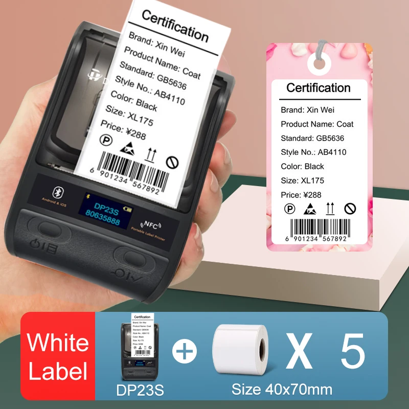 DETONGER DP23S 20-50mmThermal Label Printer Plus 5 Rolls Paper Multifunctional Mini Adhensive Hand Barcode Sticker Maker pocket printer for iphone Printers