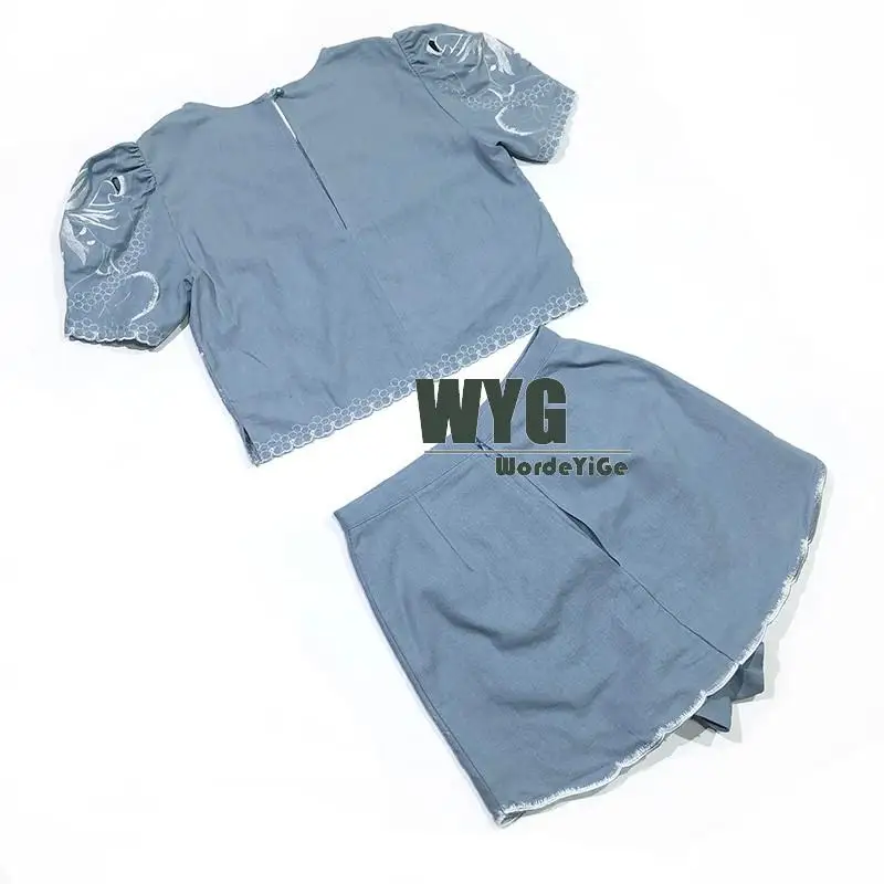 Top Quality Designer Two Piece Set 2020 Summer Blue Hollow Out Embroidery Puff Sleeve Short Tops + Short Culotte