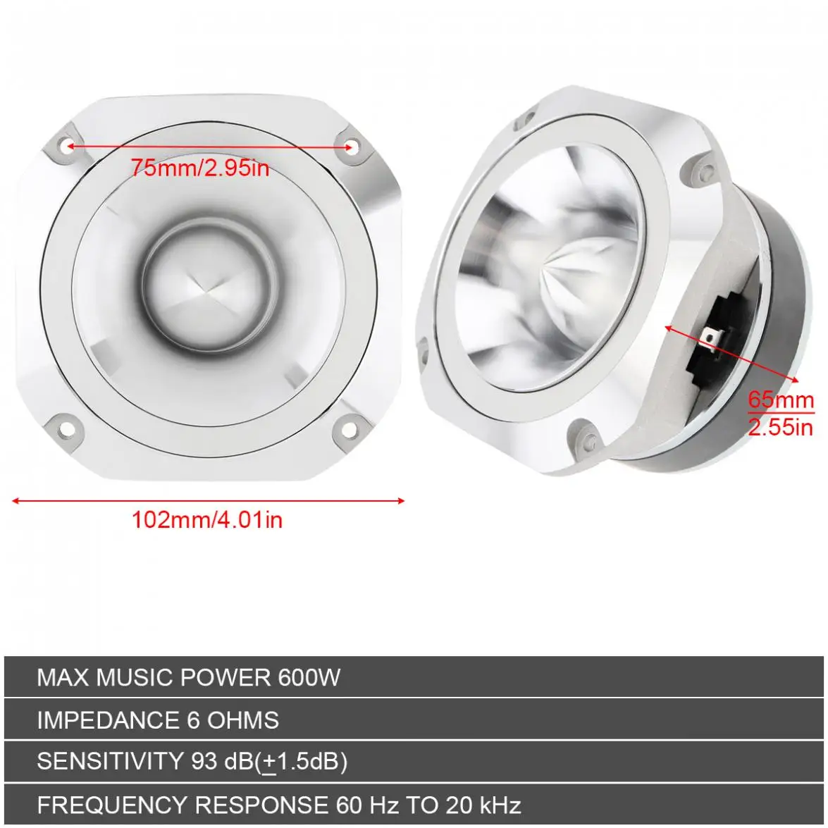 4 Inch 600W 6OHM GT-S20 12V Car Aluminum Bullet Tweeter with Capacitor for Vehicle Auto Cars Stereo Modified