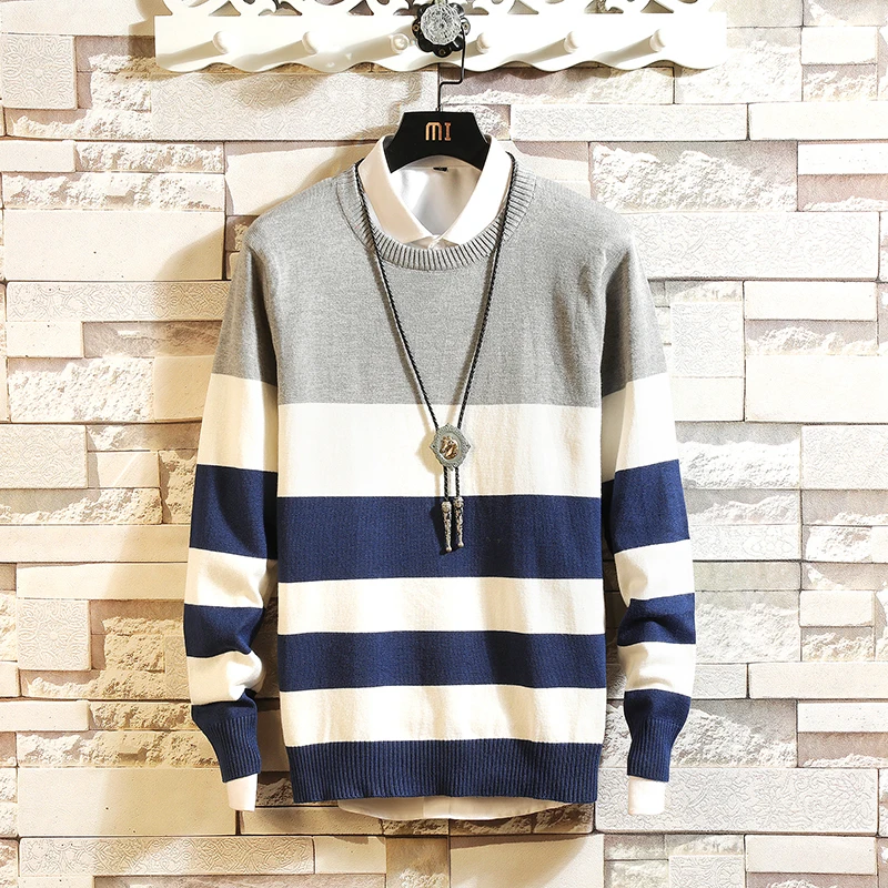 

Autumn new fashion striped color round neck sweater, trendy men Korean version of the slim trend youth pullover sweater