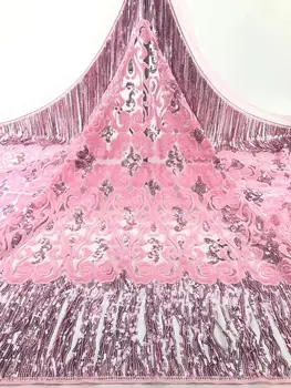

Sequined African Multicolor Lace Fabric Nigerian Evening Dress Sewing Fabrics 2019 velvet High Quality Sequins Mesh For Wedding