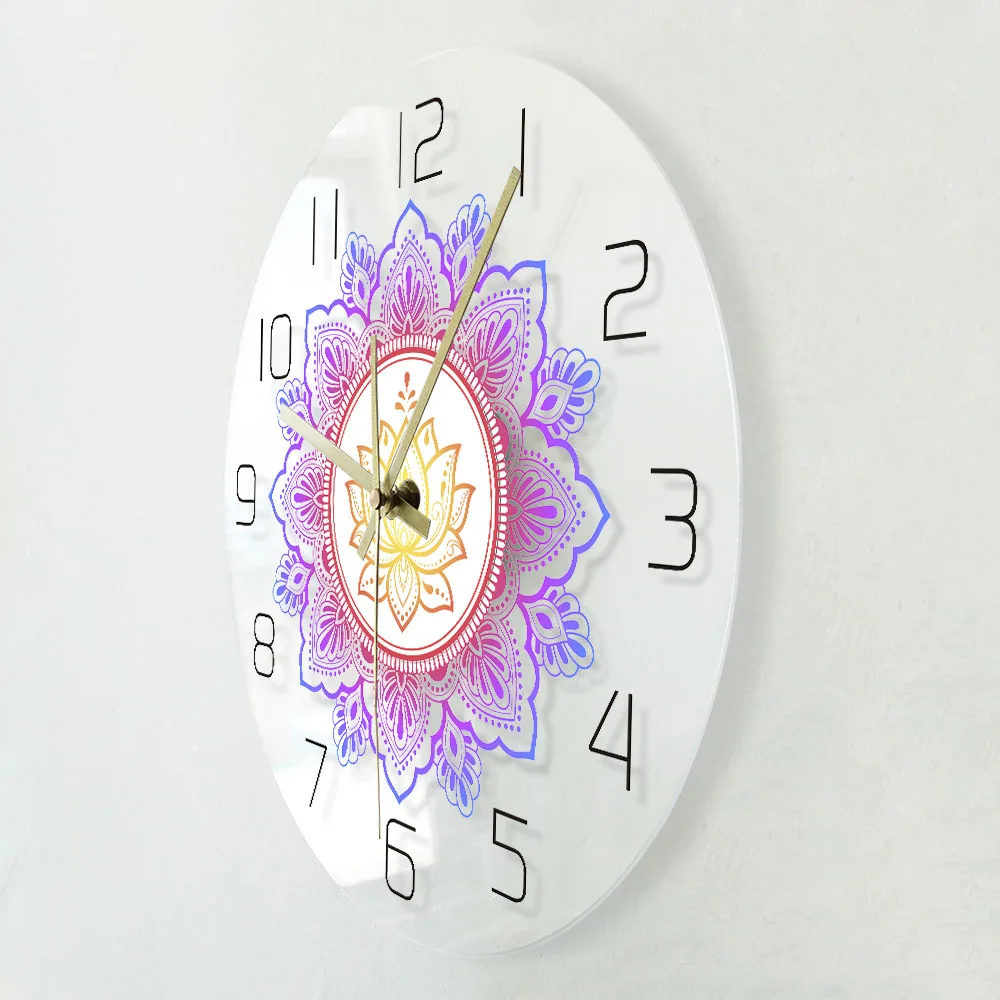 Новое поступление индийская МАНДАЛА ГОБЕЛЕН Лотос прозрачные акварельные настенные часы Ом, йога богемные цветочные печатные Висячие часы