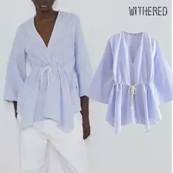 Увядший фон Осень blusas mujer de moda 2019 в английском стиле; в винтажном стиле, в синюю полоску, блузка с кулиской кимоно блузки женские топы и блузки