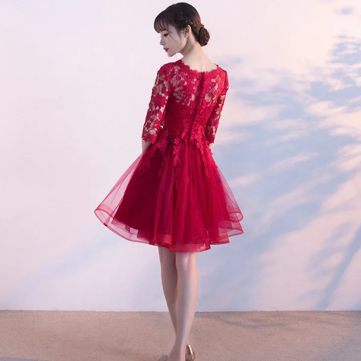Темно-красные женские кружевные Короткие вечерние платья с круглым вырезом, элегантные свадебные банкетные восточные Мини платья Cheongsam, тонкие платья для выпускного вечера, Vestido XS-3XL