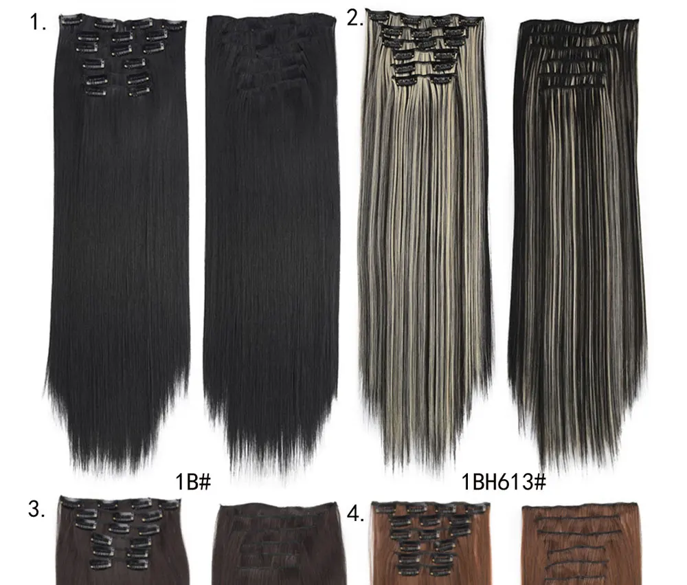 Grampo em Extensões do Cabelo Clipes em Falsos Resistente ao Calor do Cabelo Sintético em Linha Peruca 140g 16 Styling Reta 6 Pçs - Set 24 2 Apliques e perucas