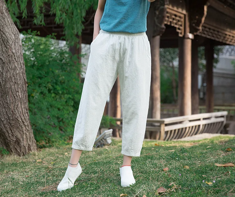 Johnature Loose Comfortable Solid Color Pockets Elastic Waist All-match Calf-length Pants 2020 Autumn New Women Straight Pants
