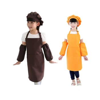 

2Set Apron Bib Set with Pocket and Hat Sleeves Craft Kitchen Chef Cooking Art Children Diy Apparel - Coffee & Orange