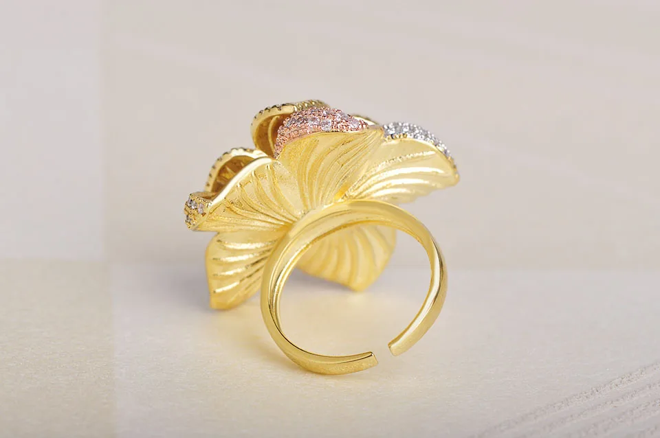 Blucome 3 Tones Cubic Zircon Flower Bangle Ring Sets Luxury Copper Wedding Bridal Jewelry Set For Women Adjustable Ring Gifts
