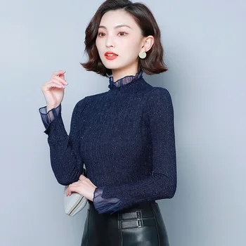 

2020 ladies high neck lace stitching chiffon long sleeve slim T-shirt