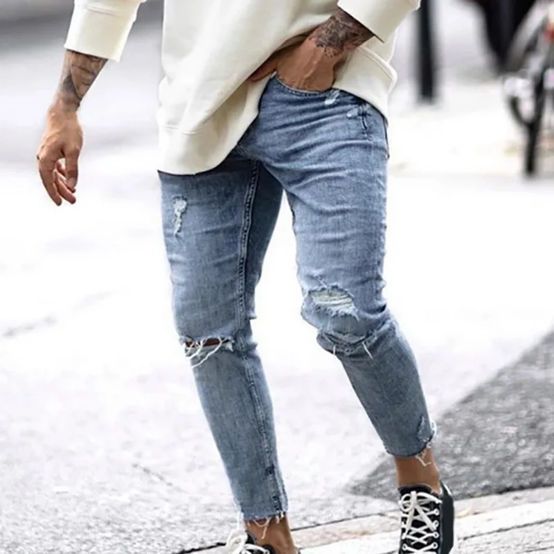 Джинсы Vogue мужские рваные в байкерском стиле прямые зауженные брюки-султанки из