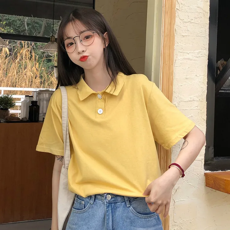 

Yellow Shirt Summer Light Green Polo Shirt Women Casual Loose Short Sleeve Turn-down Collar Ladies Tops Girl Fashion Tunic 2020