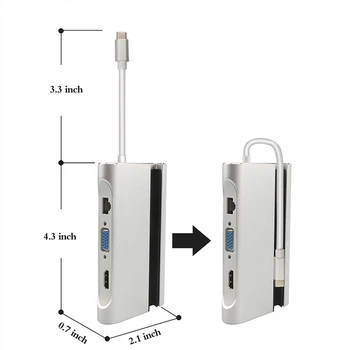 

High Quality Type-C Thunderbolt 3 to Lan HDMI USB3.0 VGA Hub Adapter RJ45 Type-C Charging for MacBook Samsung S8 Huawei P20