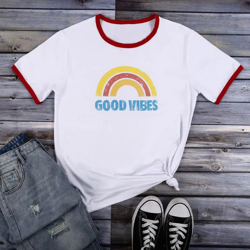 Женская майка с надписью Good Vibes белая для бейсбола в винтажном стиле 90-х годов