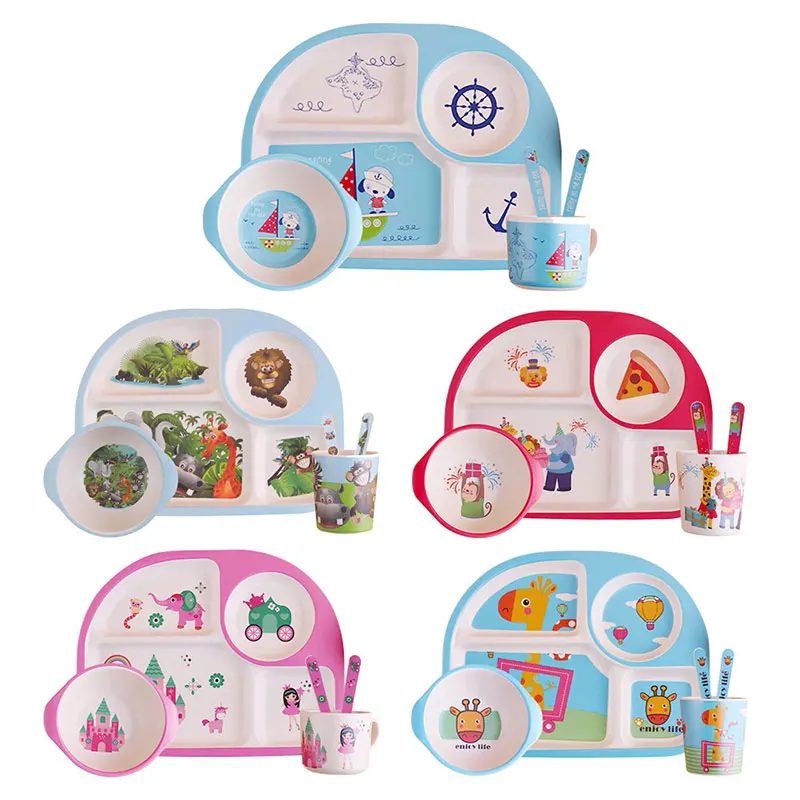 Tigela de Alimentação de Bambu do Bebê Livre Pratos Garfo Colher Copo 5 Pçs Louça Conjunto Fad Crianças Talheres Separação Placa Alimentação Bpa 2 High Quality Mamãe e Bebê