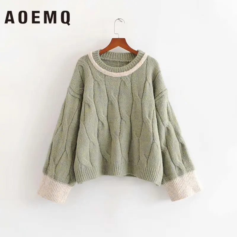 AOEMQ, толстые теплые свитера, свободные, хлопок, 3 цвета, Одноцветный, с волнистым принтом, свитер, свободный рукав летучая мышь, рождественский подарок, женская одежда