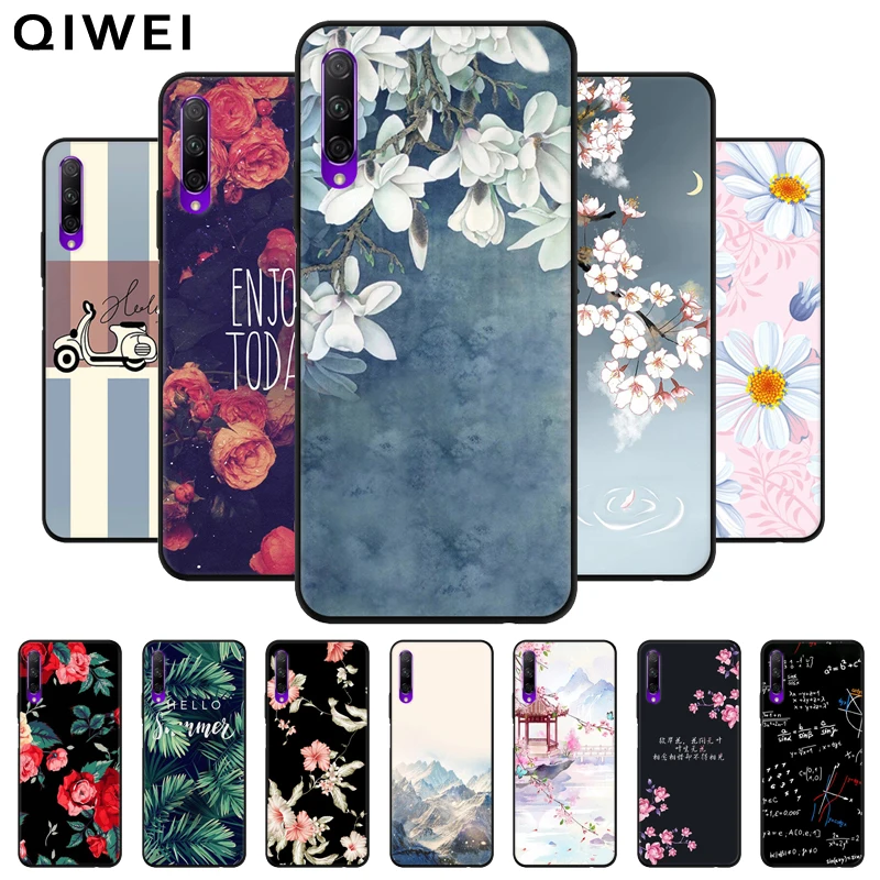 Чехол для Huawei Y9S милый черный бампер с цветочным принтом Мягкая силиконовая
