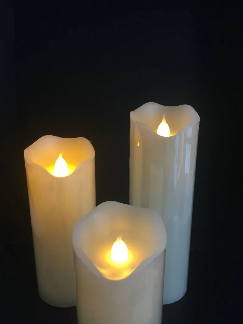 

set of 3 cell battery powered Flickering Led Pillar Candle Paraffin Wax wavy Edge lamp Home Wedding party decor 5CM(Dia.)-Amber
