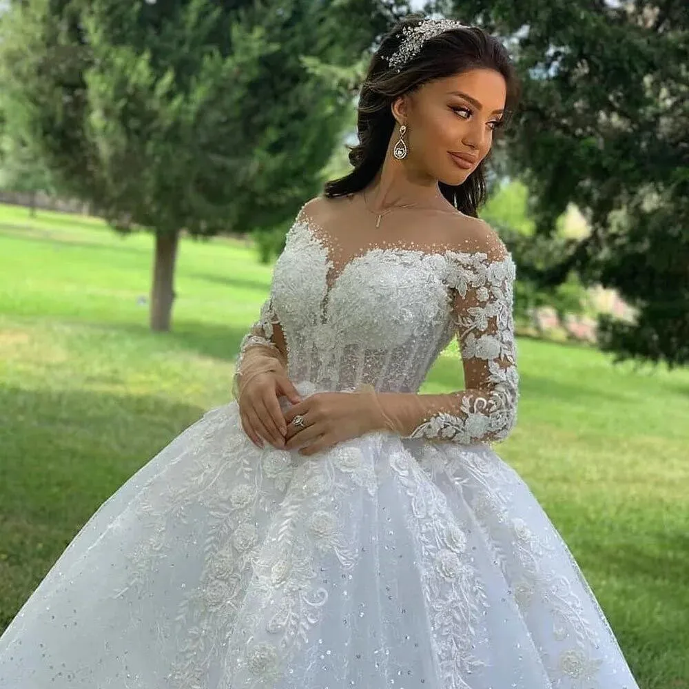 Wedding Dresses Ball Gown Princess Wedding Dresses O Neck Lace Appliqus Beaded Long Sleeves wedding dresses for women vestidos de novia