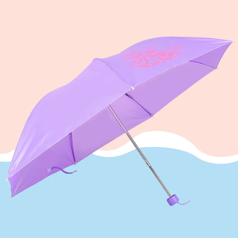 

Solid Color Three Fold Collapsable Pole Anti-UV Umbrella Couples Folding Umbrella Creative Printed All-Weather Umbrella Advertis