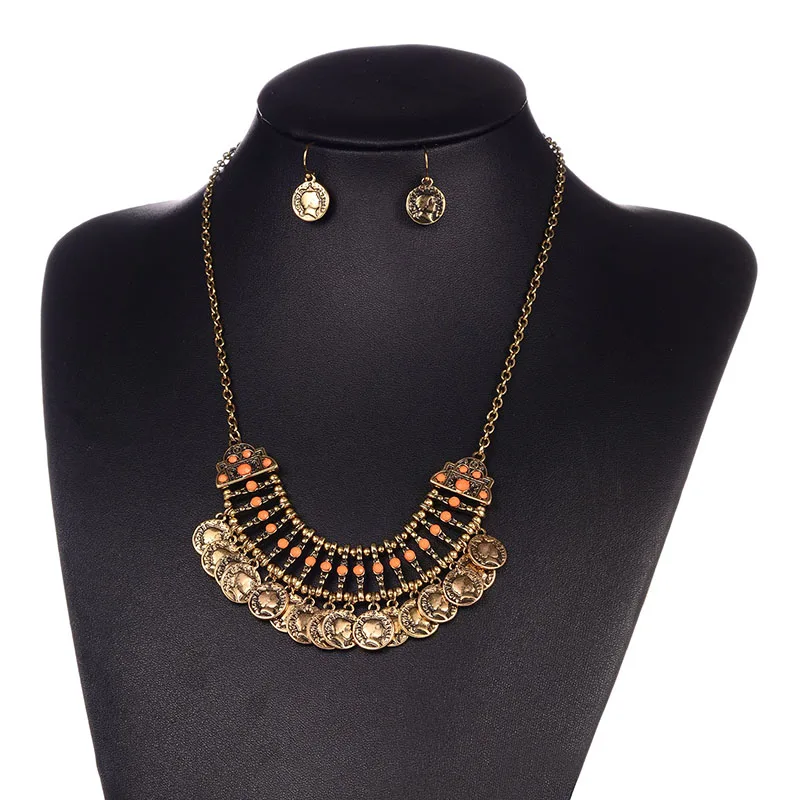 N6-8267 gold orange Shineland опт индийские украшения Набор Винтаж монета геометрическое ожерелье серьги богемный Металл кисточкой для женщин Bijoux подарок - Окраска металла: N6-8267 gold orange