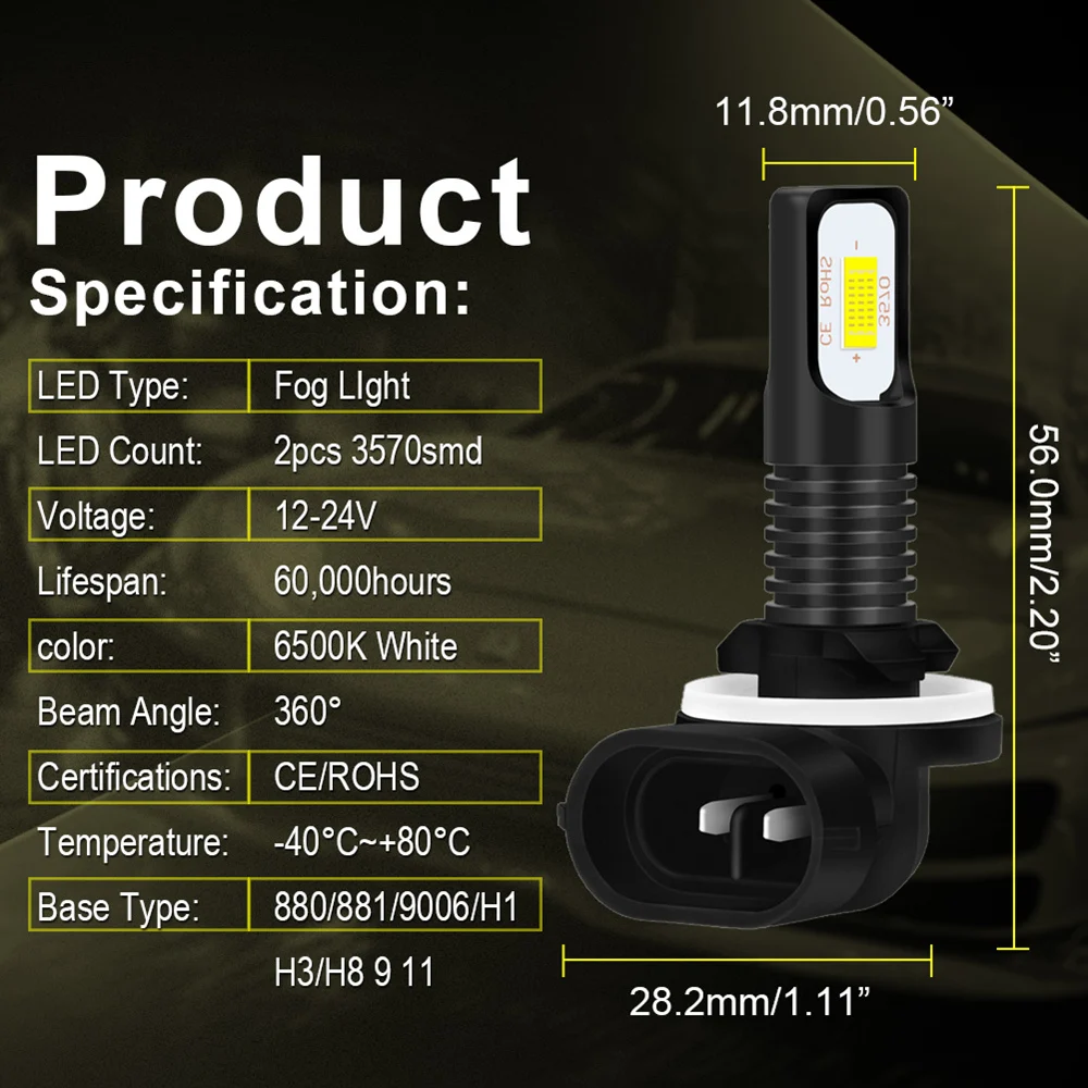 Katur Светодиодная лампа H27 2 шт. 881 Led H27W2 2400LM 6500K белый противотуманный светильник