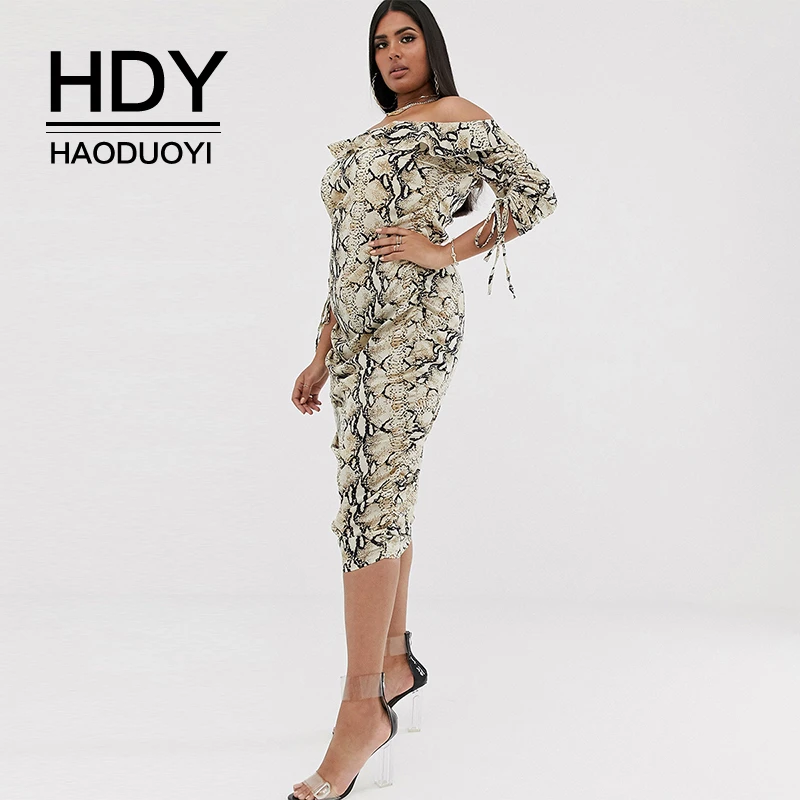 

HDY Haoduoyi Sexy One Word Collar Strapless Shoulder Ruffle Lace Long Sleeve Snake Print Large Size Summer Fashion Dress