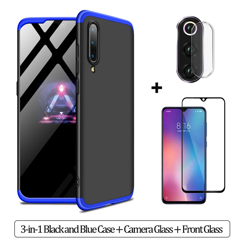 3-in-1 Armor Case For Mi9T Xiaomi Mi 9 SE Hard Plastic Anti-Shock Bumper Case Xiaomi-Mi-9T Full Cover xiaomi mi9 se Case+ Glass - Цвет: 3-in-1 Black Blue
