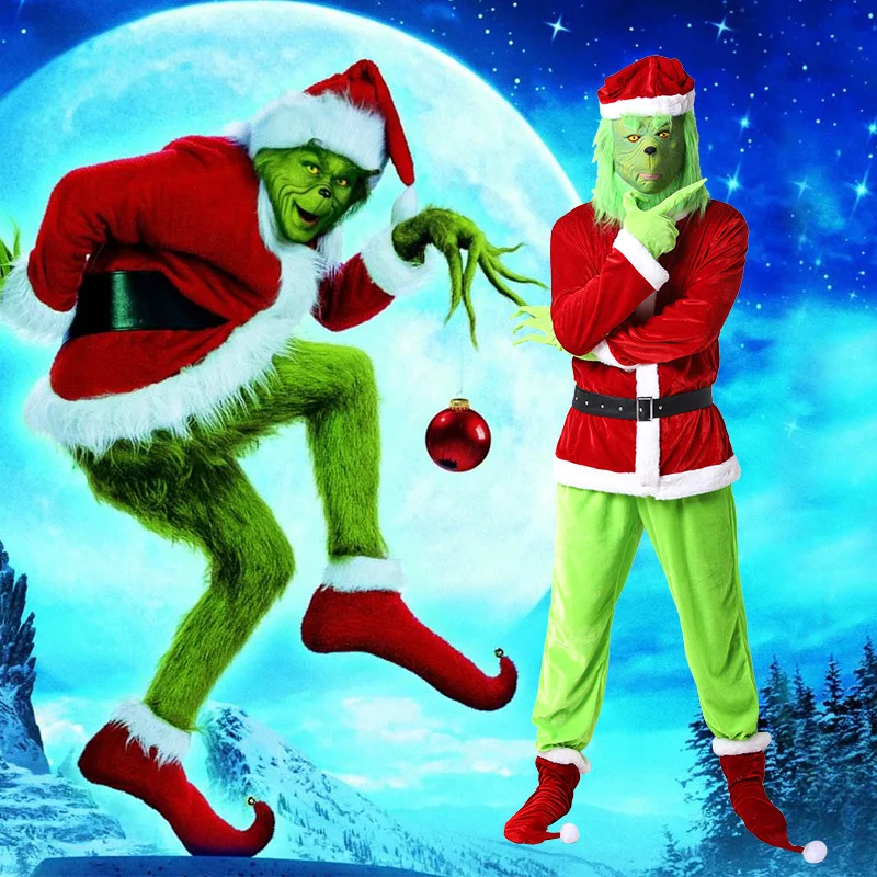 Рождественский роскошный костюм Санты Grinch с зеленой забавной маской