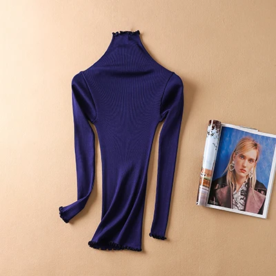 Sweater Women pullovers 80% Natural Silk 20% Cotton turtleneck Rib knits shirt long sleeved sweater Fall winter tops jumper - Цвет: Тёмно-синий