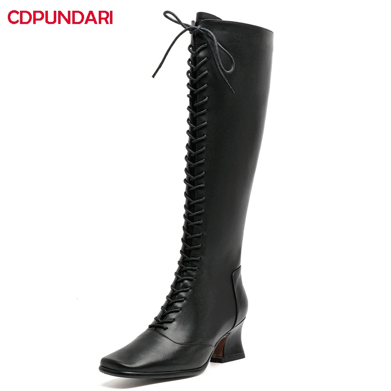 Женские черные белые высокие сапоги до колена на высоком каблуке женские