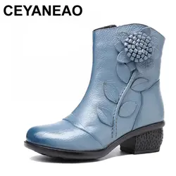 CEYANEAO/женские ботинки из натуральной кожи в стиле ретро; зимние высокие сапоги; Осенняя Женская Повседневная зимняя обувь на высоком каблуке