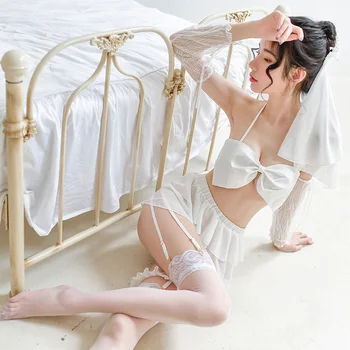 

Danevgle Sexy Woman Chiffon Gathering Sexy Bra Set 6 Piece Sexy Bride Character Cosplay Seduction Sexy White Bra Set
