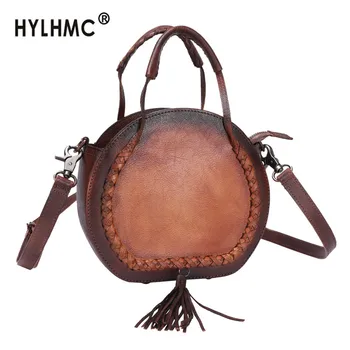 

2020 Retro Niche Leather Women Handbag Female Shoulder Messenger Bag Personality Tassel Small Round Bags Head Layer Cowhide Soft