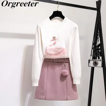 

Appliques Beading Embroidery Swan Knitted Pullover Tops and Hairball Pendant Mini Woolen Skirt 2 Piece Sets 2019 Fall Winter New